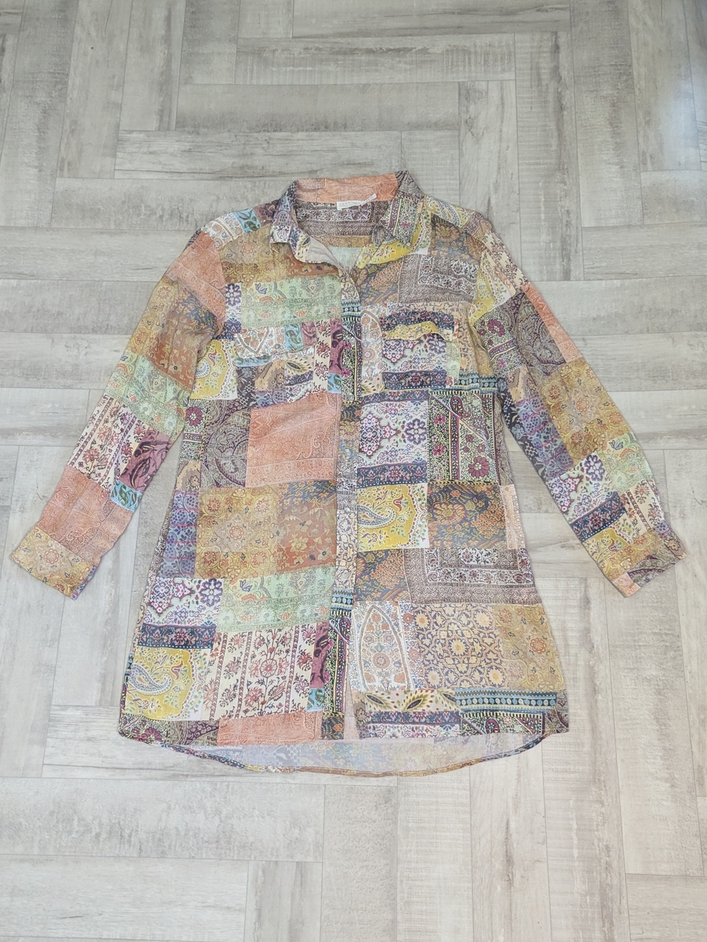 Zara Home Beach Collection Womens M Floral Paisley Patchwork Button Tunic Boho